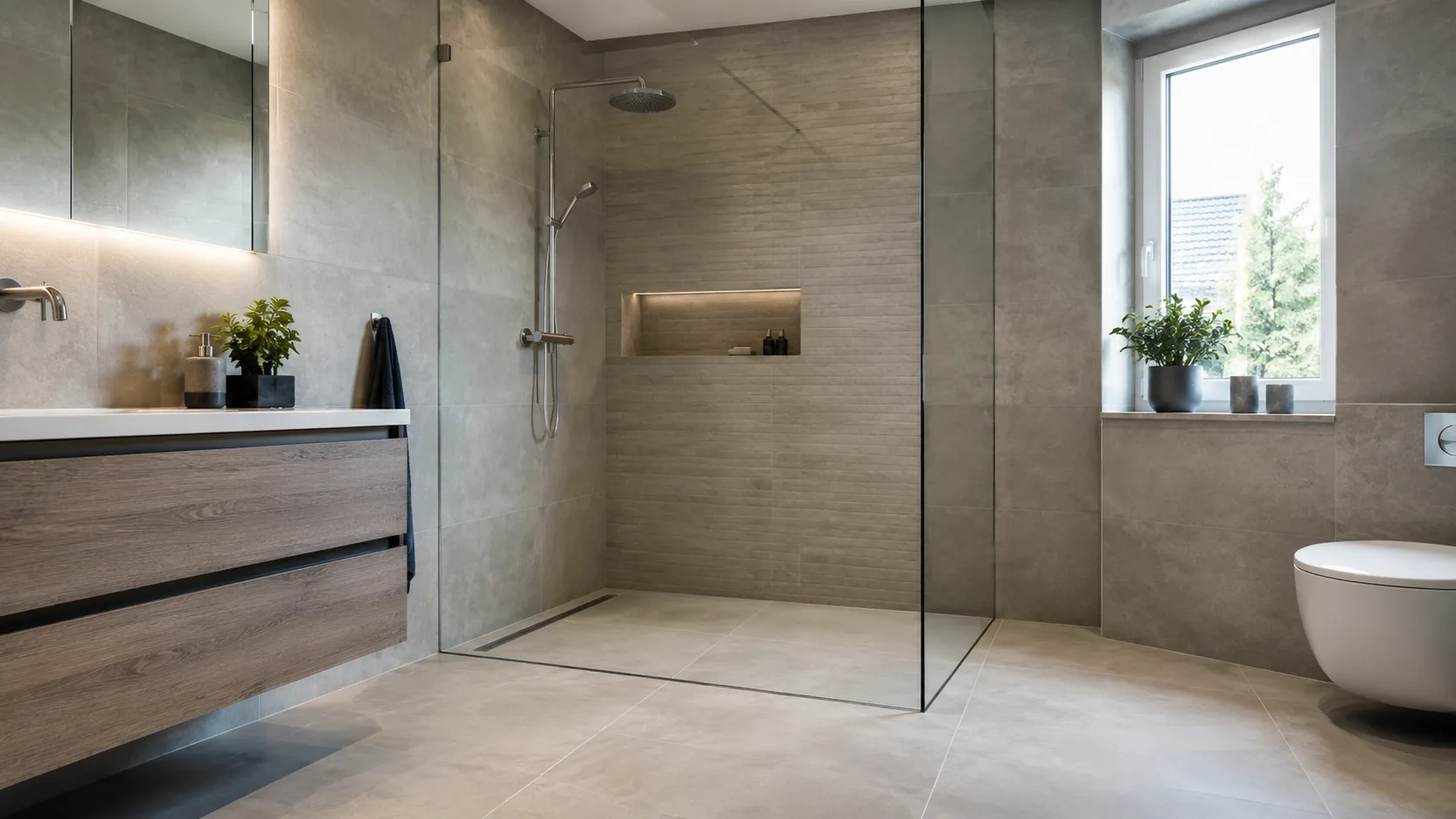 Modernes Bad mit großformatigen Fliesen und Walk-in-Dusche