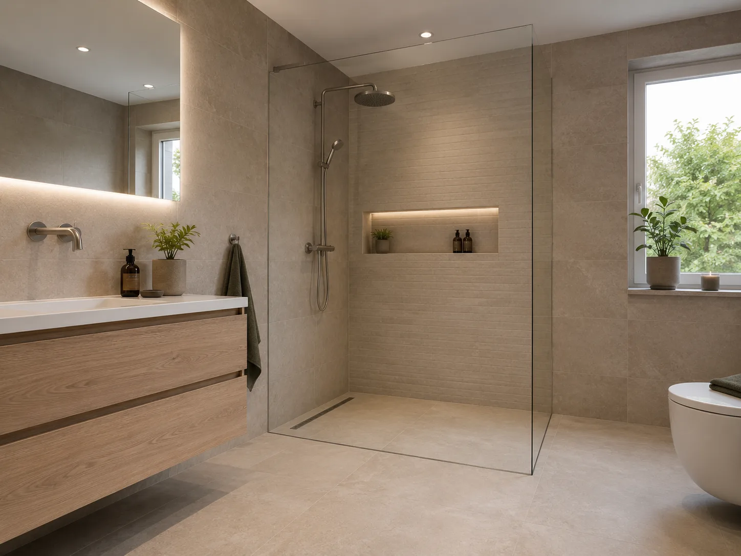 Modernes Badezimmer mit großformatigen Fliesen und Walk-in-Dusche